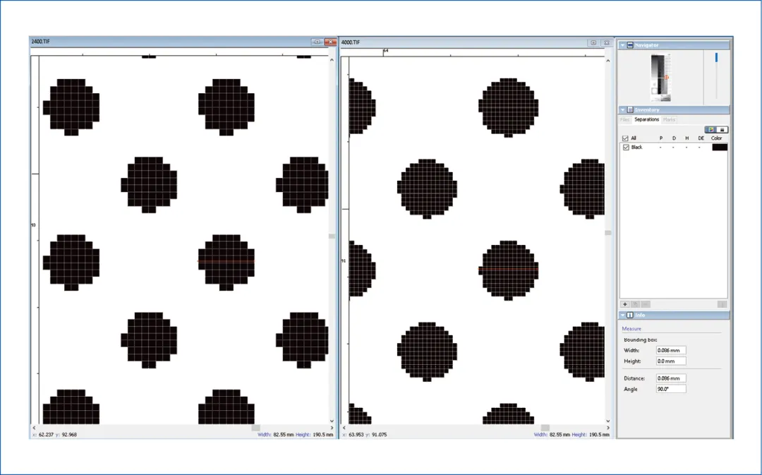 2400×2400dpi（左）与4000×4000dpi（右）分辨率150LPI的20%网点比较